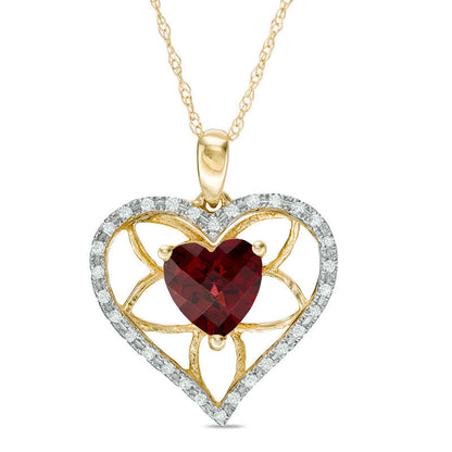 7.0mm Heart-Shaped Garnet and 0.13 CT. T.W. Natural Diamond Floral Heart Pendant in 10K Yellow Gold