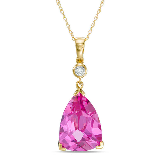 Trillion-Cut Lab-Created Pink Sapphire and Diamond Accent Drop Pendant in 10K Yellow Gold