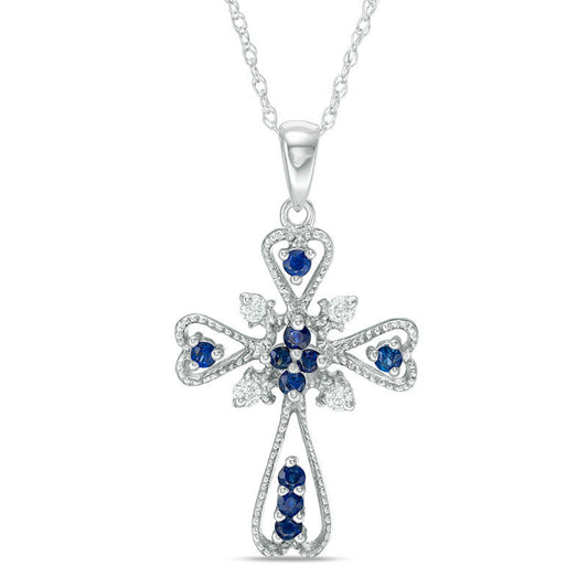 Blue Sapphire and 0.1 CT. T.W. Natural Diamond Gothic-Style Cross Pendant in 10K White Gold