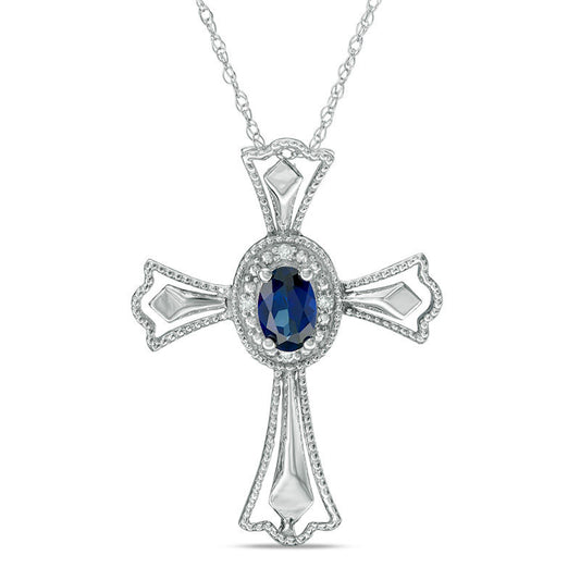 Oval Lab-Created Blue Sapphire and Diamond Accent Gothic-Style Cross Pendant in 10K White Gold