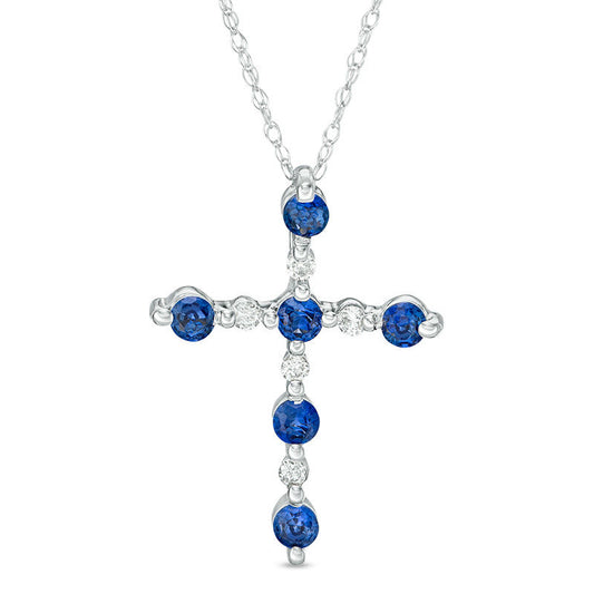 Lab-Created Blue Sapphire and Diamond Accent Cross Pendant in 10K White Gold