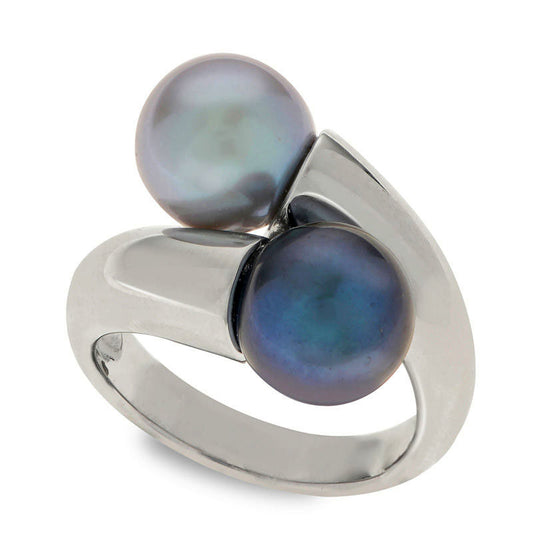 9.0 - 10.0mm Dyed Black and Grey Cultured Freshwater Pearl Bypass Ring in Sterling Silver