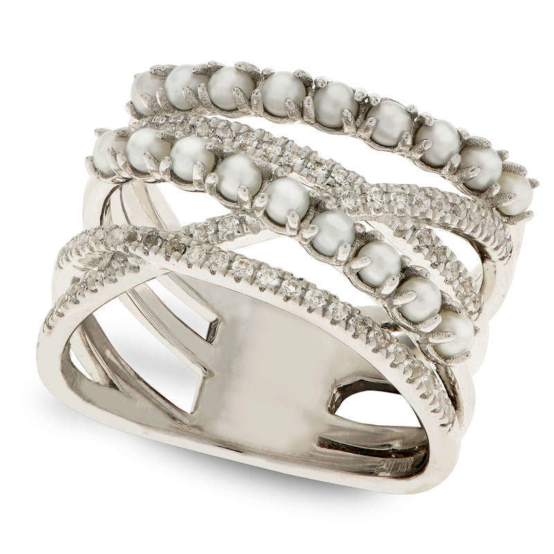 Cultured Freshwater Pearl and White Topaz Crossover Ring in Sterling Silver