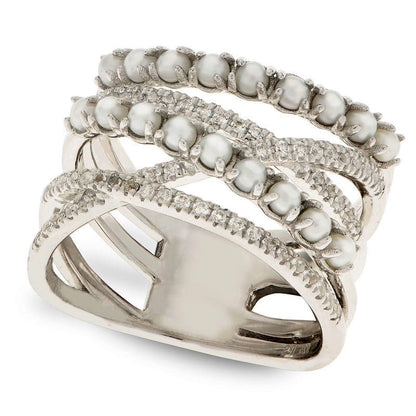 Cultured Freshwater Pearl and White Topaz Crossover Ring in Sterling Silver