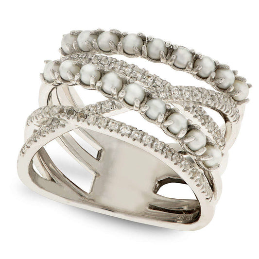 Cultured Freshwater Pearl and White Topaz Crossover Ring in Sterling Silver