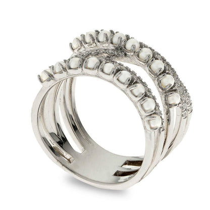 Cultured Freshwater Pearl and White Topaz Crossover Ring in Sterling Silver