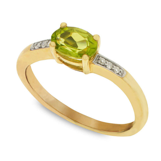 Oval Peridot and Natural Diamond Accent Ring in Solid 10K Yellow Gold