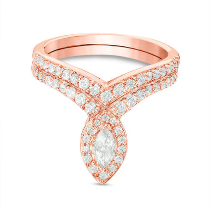 0.75 CT. T.W. Marquise Natural Diamond Frame Bridal Engagement Ring Set in Solid 10K Rose Gold
