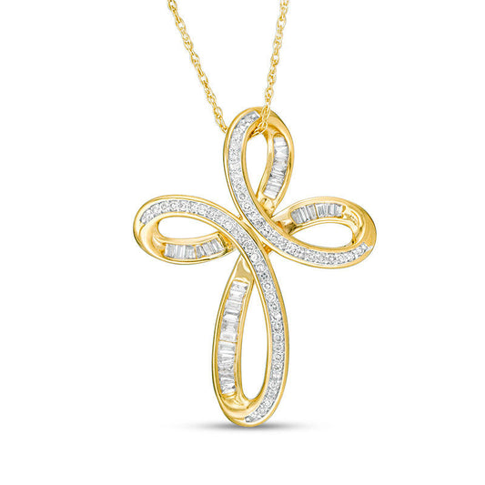 0.33 CT. T.W. Baguette and Round Natural Diamond Looping Cross Pendant in 10K Yellow Gold