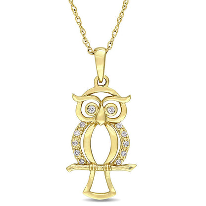 Natural Diamond Accent Owl Pendant in 10K Yellow Gold - 17"