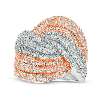 Lab-Created White Sapphire Multi-Row Wave Ring in Sterling Silver and Solid 14K Rose Gold Plate