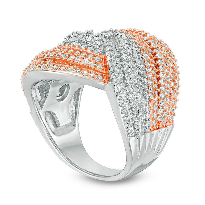 Lab-Created White Sapphire Multi-Row Wave Ring in Sterling Silver and Solid 14K Rose Gold Plate