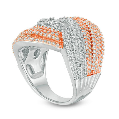 Lab-Created White Sapphire Multi-Row Wave Ring in Sterling Silver and Solid 14K Rose Gold Plate