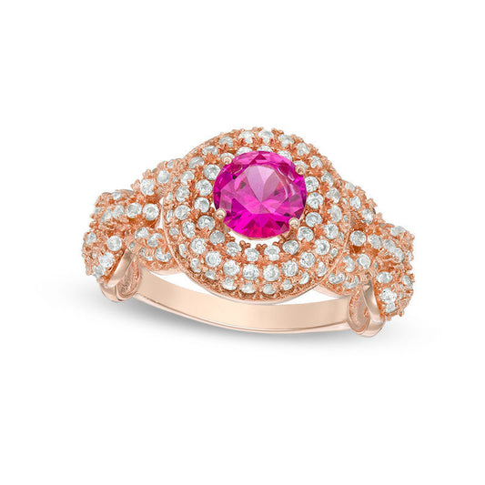 Lab-Created Pink and White Sapphire Double Frame Ring in Sterling Silver with Solid 14K Rose Gold Plate