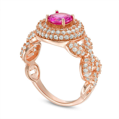 Lab-Created Pink and White Sapphire Double Frame Ring in Sterling Silver with Solid 14K Rose Gold Plate