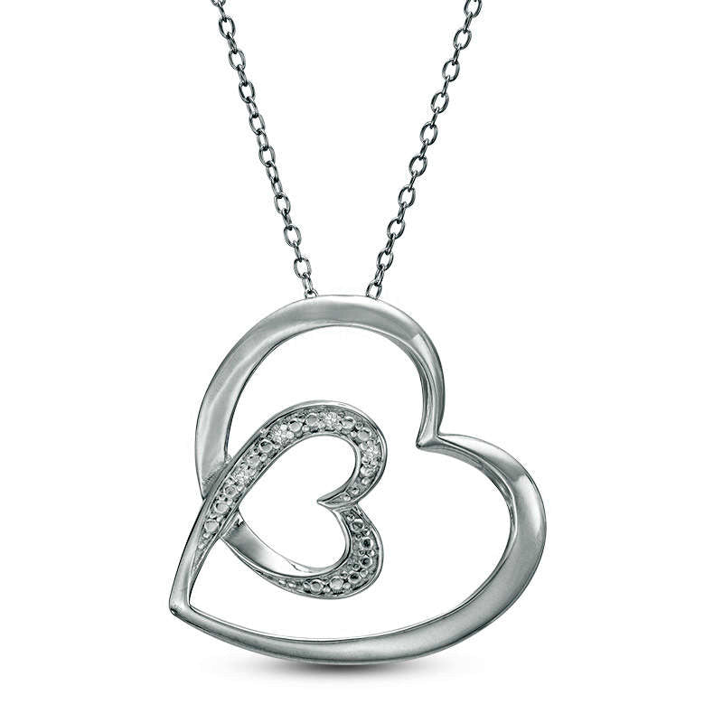 Natural Diamond Accent Double Tilted Heart Pendant in Sterling Silver