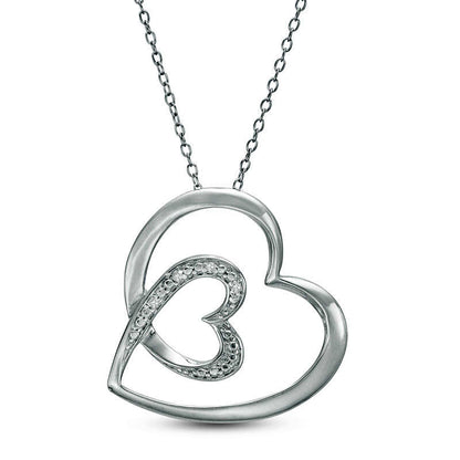 Natural Diamond Accent Double Tilted Heart Pendant in Sterling Silver