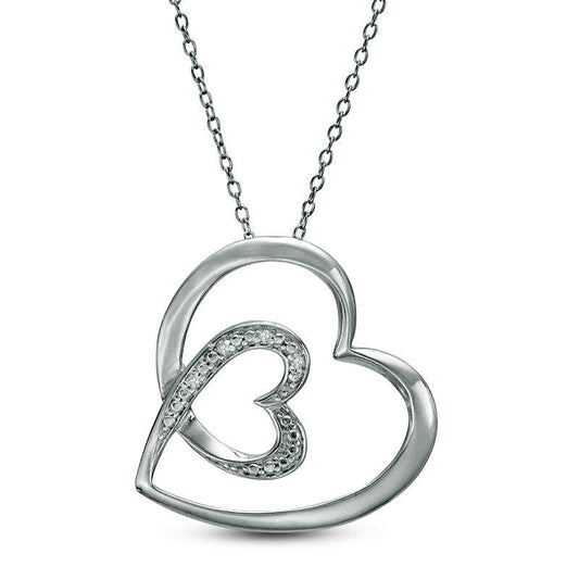 Natural Diamond Accent Double Tilted Heart Pendant in Sterling Silver