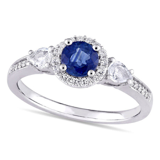 Blue and White Sapphire and 0.13 CT. T.W. Natural Diamond Frame Three Stone Engagement Ring in Solid 14K White Gold