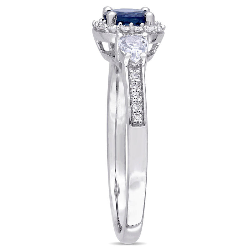 Blue and White Sapphire and 0.13 CT. T.W. Natural Diamond Frame Three Stone Engagement Ring in Solid 14K White Gold