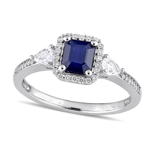 Emerald-Cut Blue and White Sapphire and 0.17 CT. T.W. Natural Diamond Frame Three Stone Engagement Ring in Solid 14K White Gold