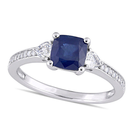 6.0mm Cushion-Cut Blue and White Sapphire and 0.10 CT. T.W. Natural Diamond Three Stone Engagement Ring in Solid 14K White Gold