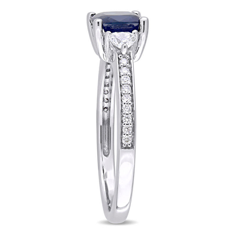 6.0mm Cushion-Cut Blue and White Sapphire and 0.10 CT. T.W. Natural Diamond Three Stone Engagement Ring in Solid 14K White Gold