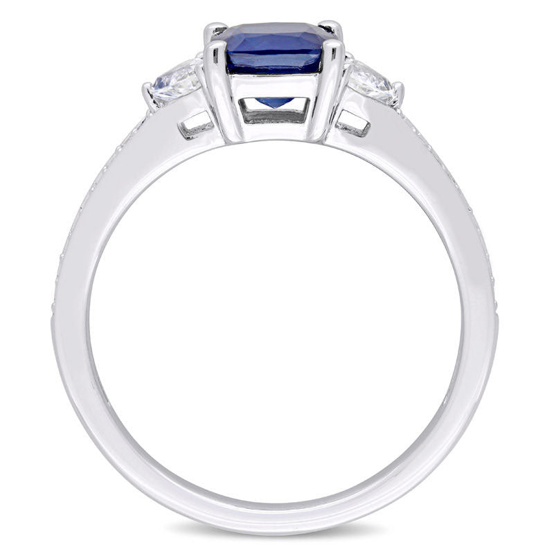 6.0mm Cushion-Cut Blue and White Sapphire and 0.10 CT. T.W. Natural Diamond Three Stone Engagement Ring in Solid 14K White Gold