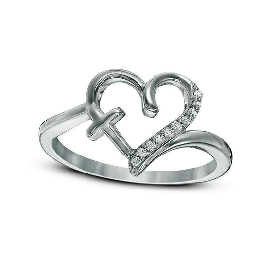 Natural Diamond Accent Heart with Cross Ring in Solid 10K White Gold