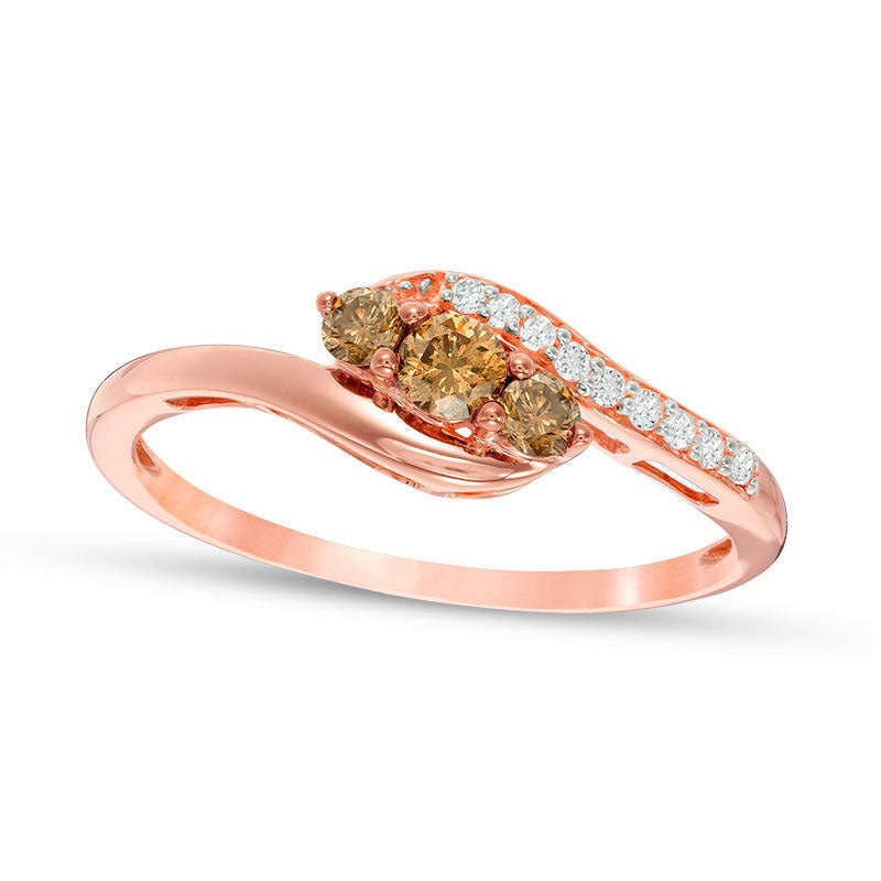 0.25 CT. T.W. Enhanced Champagne and White Natural Diamond Three Stone Bypass Ring in Solid 10K Rose Gold