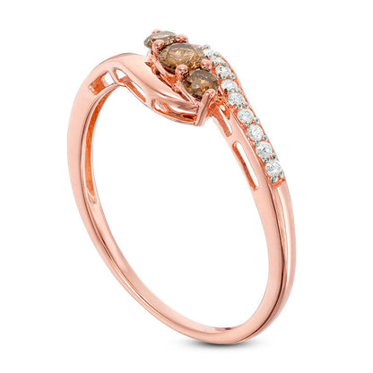 0.25 CT. T.W. Enhanced Champagne and White Natural Diamond Three Stone Bypass Ring in Solid 10K Rose Gold
