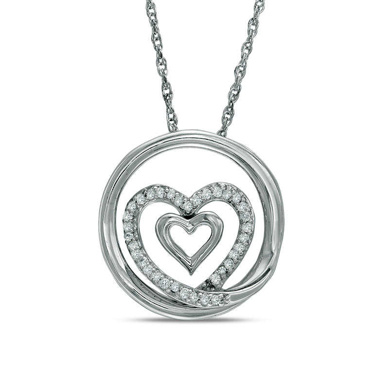 0.13 CT. T.W. Natural Diamond Double Heart Circle Pendant in Sterling Silver