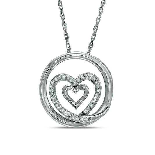 0.13 CT. T.W. Natural Diamond Double Heart Circle Pendant in Sterling Silver