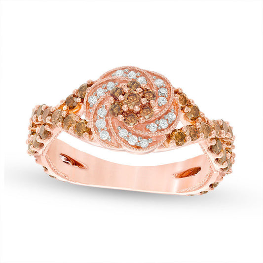 2.10 CT. T.W. Enhanced Champagne and White Natural Diamond Swirl Frame Ring in Solid 10K Rose Gold