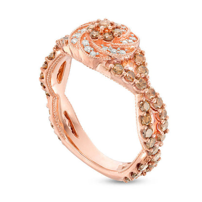 2.10 CT. T.W. Enhanced Champagne and White Natural Diamond Swirl Frame Ring in Solid 10K Rose Gold
