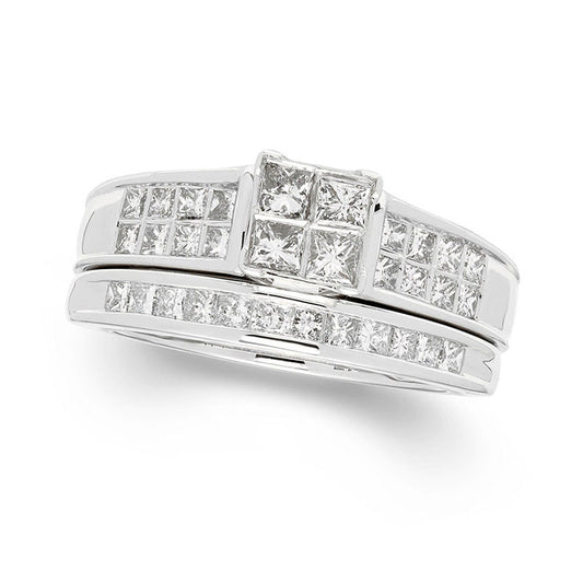 1.0 CT. T.W. Certified Quad Princess-Cut Natural Diamond Frame Bridal Engagement Ring Set in Solid 14K White Gold (I/I1)