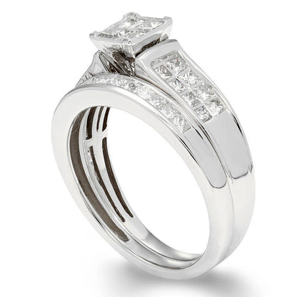 1.0 CT. T.W. Certified Quad Princess-Cut Natural Diamond Frame Bridal Engagement Ring Set in Solid 14K White Gold (I/I1)