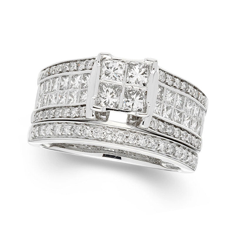 1.5 CT. T.W. Certified Quad Princess-Cut Natural Diamond Frame Bridal Engagement Ring Set in Solid 14K White Gold (I/I1)