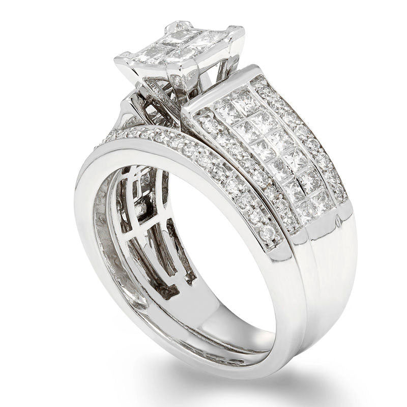 1.5 CT. T.W. Certified Quad Princess-Cut Natural Diamond Frame Bridal Engagement Ring Set in Solid 14K White Gold (I/I1)