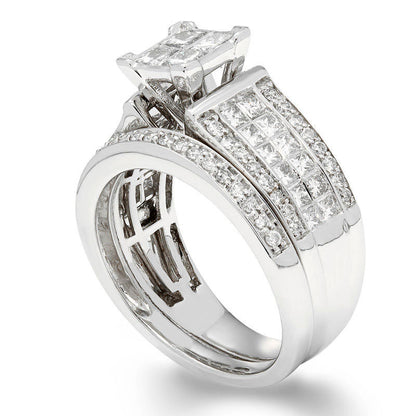 1.5 CT. T.W. Certified Quad Princess-Cut Natural Diamond Frame Bridal Engagement Ring Set in Solid 14K White Gold (I/I1)