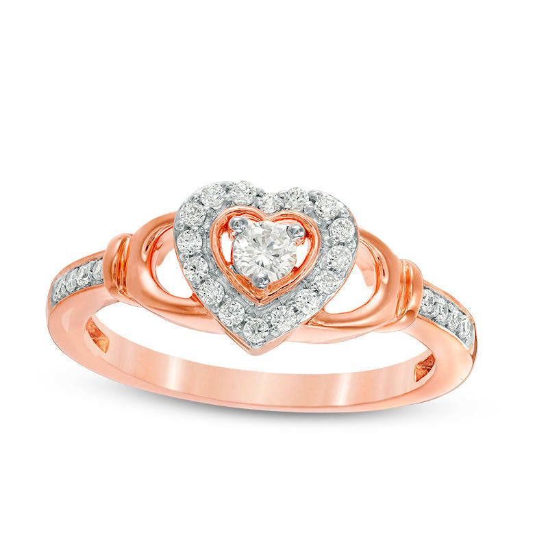0.25 CT. T.W. Natural Diamond Heart Frame Claddagh-Style Promise Ring in Solid 10K Rose Gold