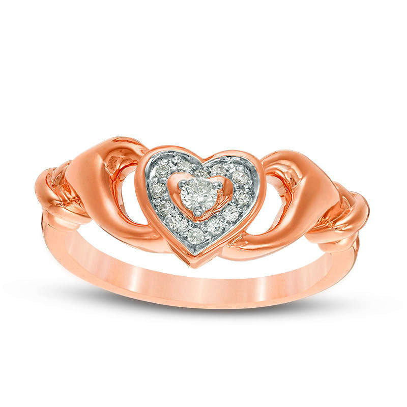 0.13 CT. T.W. Natural Diamond Heart Frame Claddagh-Style Promise Ring in Solid 10K Rose Gold