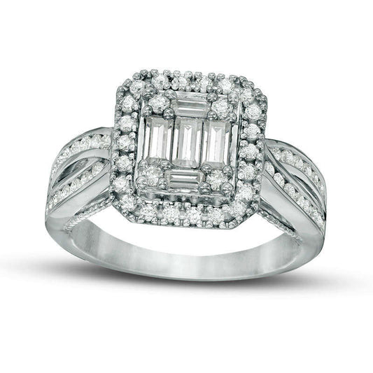 1.0 CT. T.W. Baguette and Round Composite Natural Diamond Cushion Frame Engagement Ring in Solid 14K White Gold