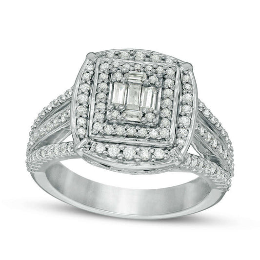 0.75 CT. T.W. Baguette and Round Composite Natural Diamond Double Frame Multi-Row Engagement Ring in Solid 14K White Gold