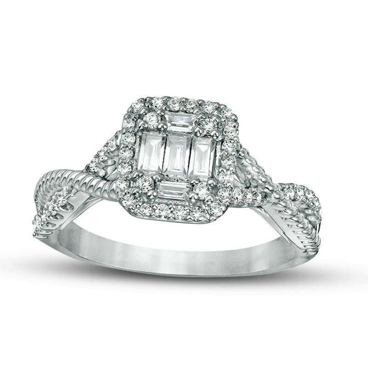 0.50 CT. T.W. Baguette and Round Composite Natural Diamond Cushion Frame Twist Engagement Ring in Solid 14K White Gold