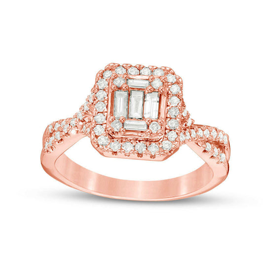 0.63 CT. T.W. Baguette and Round Composite Natural Diamond Cushion Frame Twist Engagement Ring in Solid 14K Rose Gold
