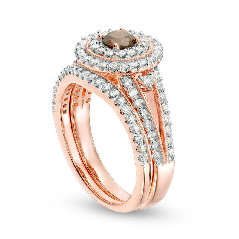 1.25 CT. T.W. Enhanced Champagne and White Natural Diamond Double Frame Antique Vintage-Style Bridal Engagement Ring Set in Solid 14K Rose Gold