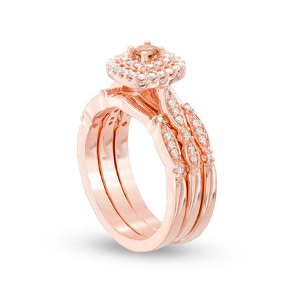 0.50 CT. T.W. Enhanced Champagne Natural Diamond Double Cushion Frame Three Piece Bridal Engagement Ring Set in Solid 14K Rose Gold