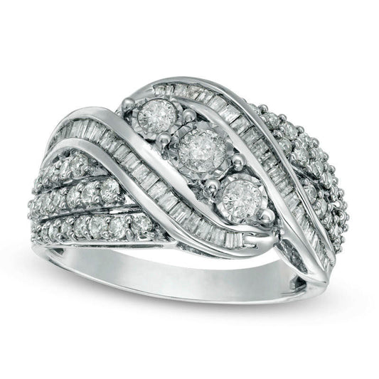1.0 CT. T.W. Baguette and Round Natural Diamond Three Stone Multi-Row Bypass Ring in Sterling Silver