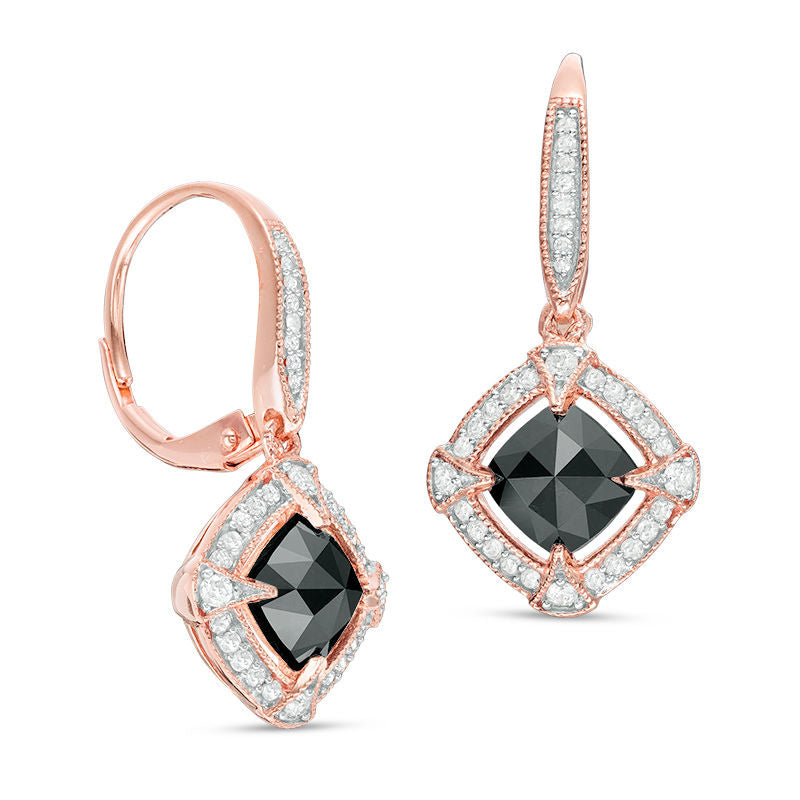 2.38 CT. T.W. Cushion-Cut Enhanced Black and White Diamond Frame Vintage-Style Drop Earrings in 10K Rose Gold